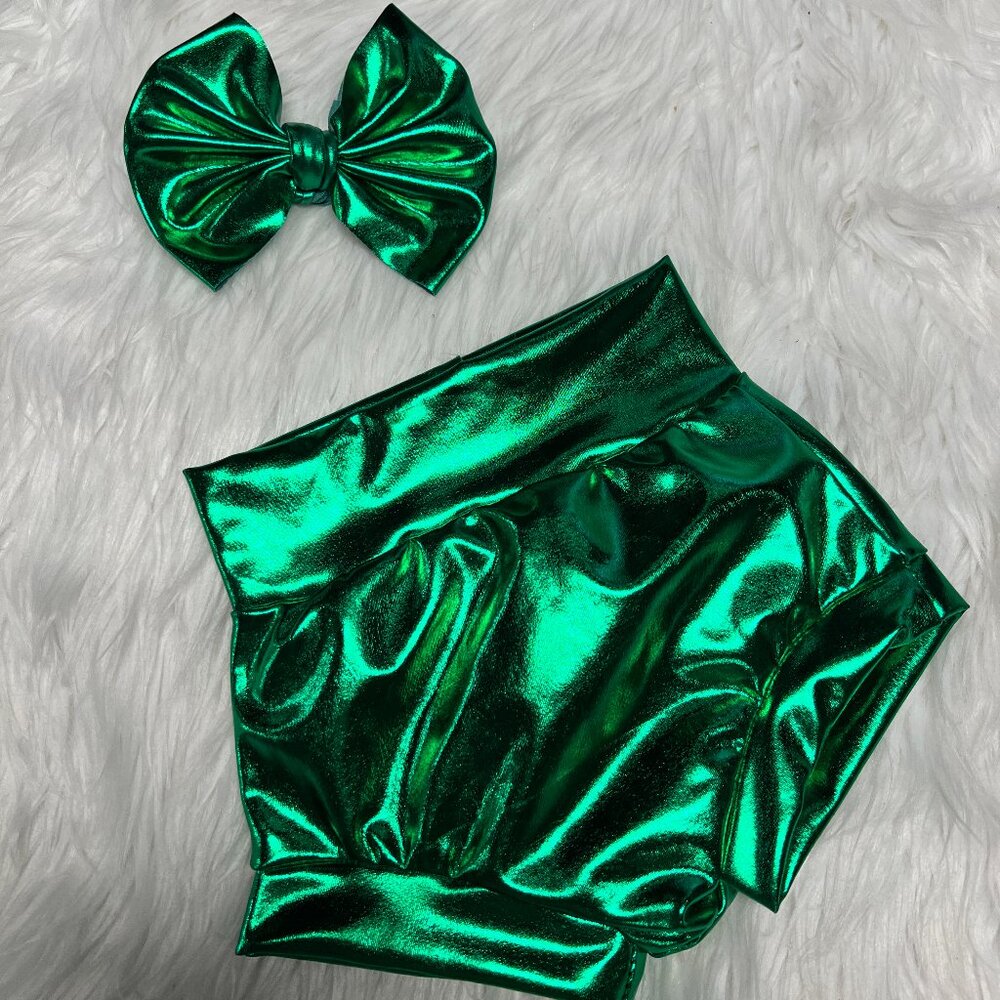 Green Metallic Bummy w/ Bow, 6-9 Months, Green Faux Leather Shorts